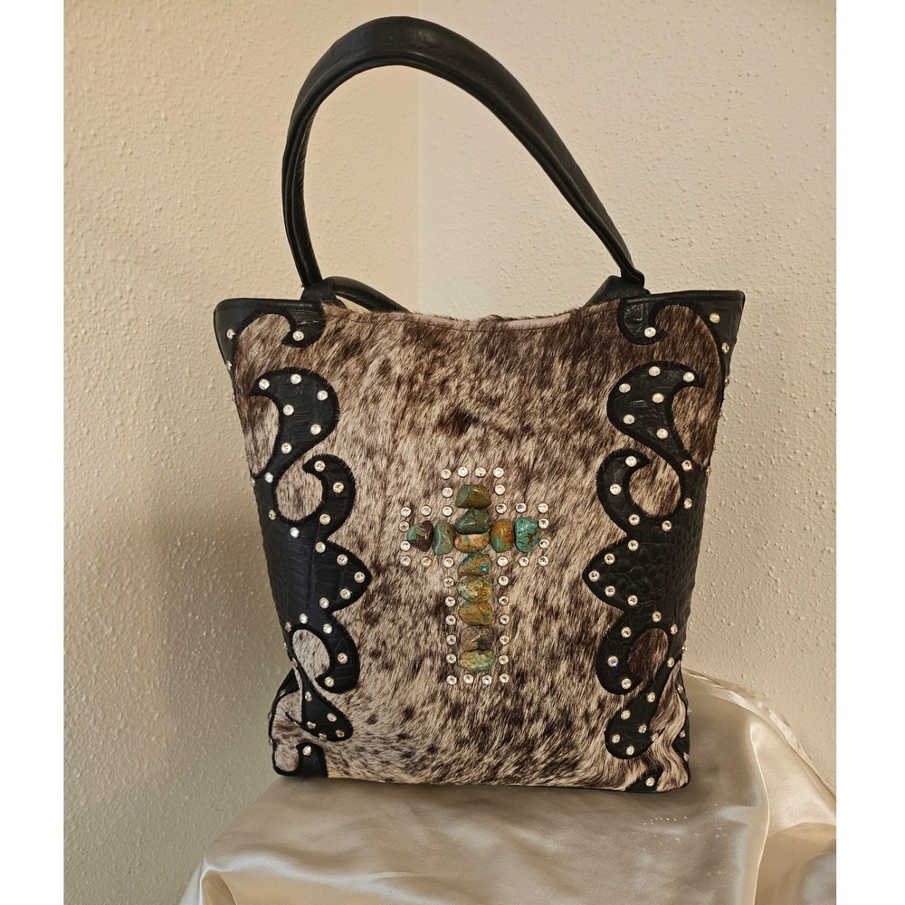 KurtMen Hair-on-Hide Brindle Tote Polished Turquoise &  Swarovski Crystal Purse